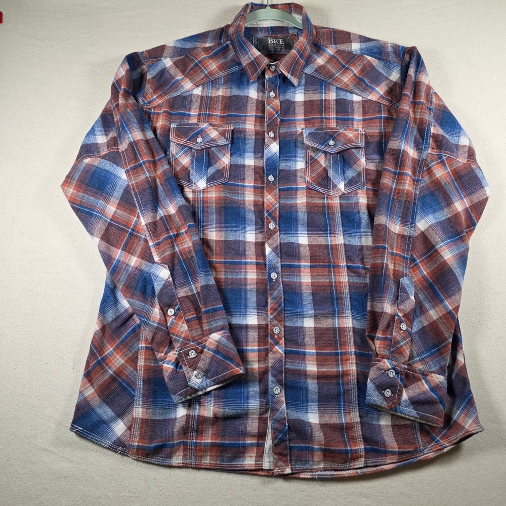 BKE Mens XL Athletic Fit Plaid Flannel Shirt Blue Orange Western 11604F sku H507
